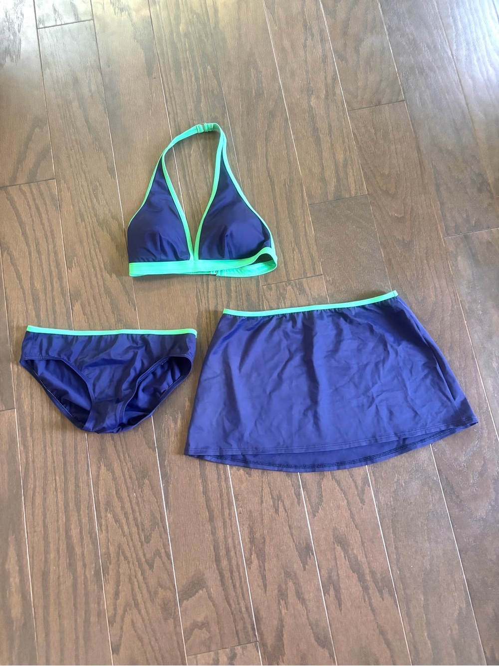 Lands End Navy Blue & Green Trim 3 Piece Swim Suit Set- Bikini & Swim Skirt Sz 6